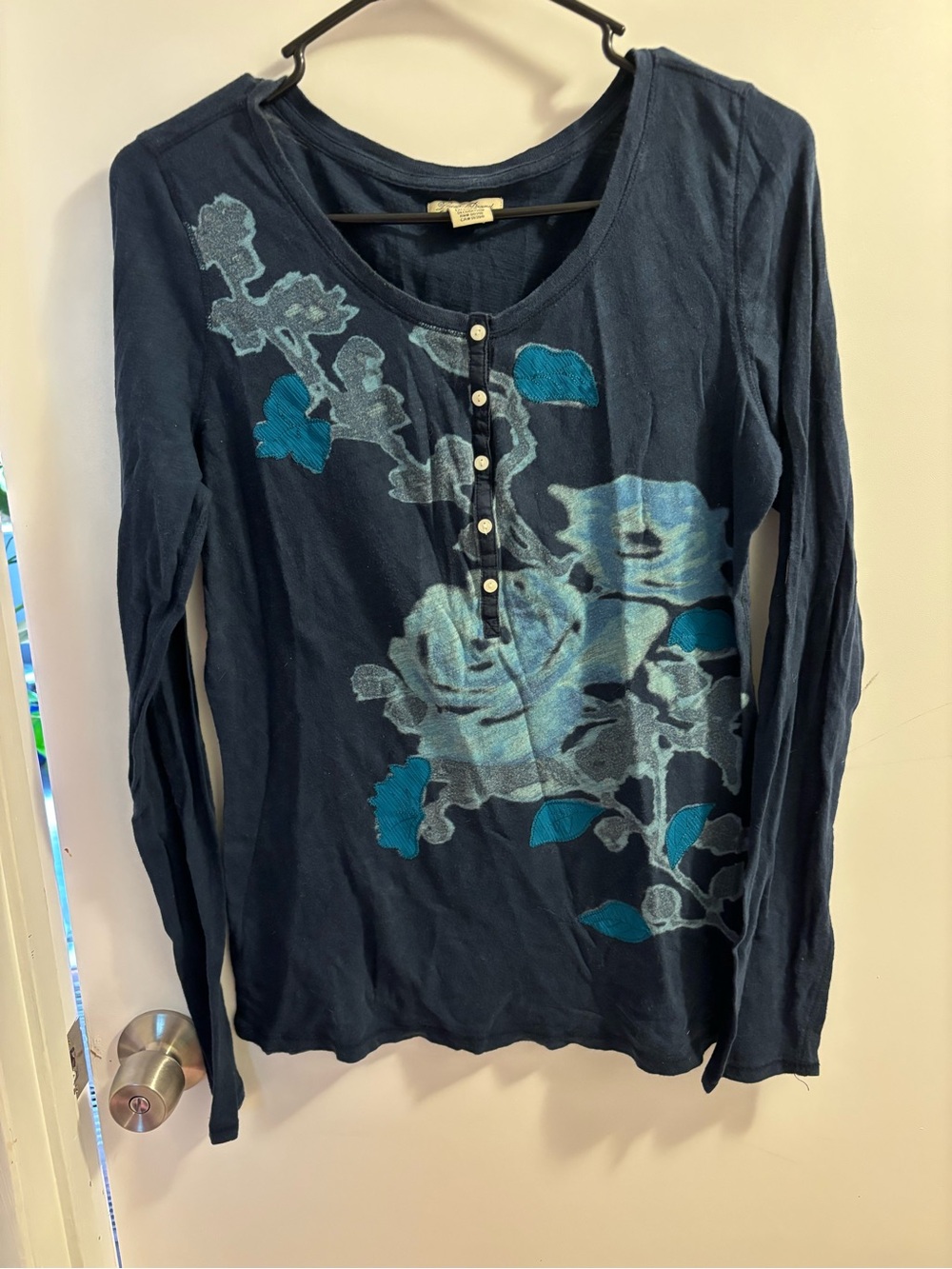 Lucky Brand Navy Blue Long Sleeve Henley with Teal Floral Print